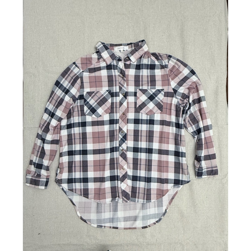 Eden & Olivia Mauve Plaid Button Down Shirt Womens 2X High Low Long Sleeve Top